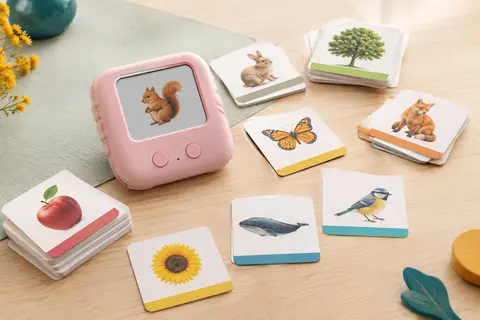Lecteur éducatif rose et cartes flash de vocabulaire disposés sur une table en bois clair