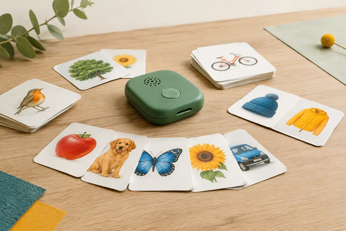 Lecteur vert de cartes flash éducatives entouré de cartes illustrées sur un fond clair