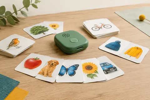 Lecteur vert de cartes flash éducatives entouré de cartes illustrées sur un fond clair