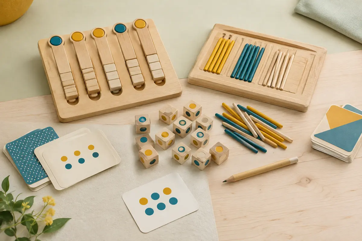 Jeu de calcul en bois avec cartes, chiffres, bâtonnets et planches à manipuler sur une table claire