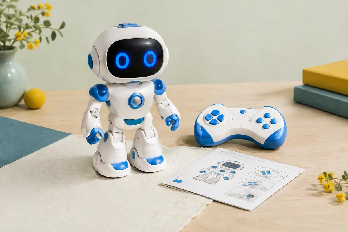 Robot éducatif blanc et bleu avec télécommande et instructions, posé sur une surface en bois clair