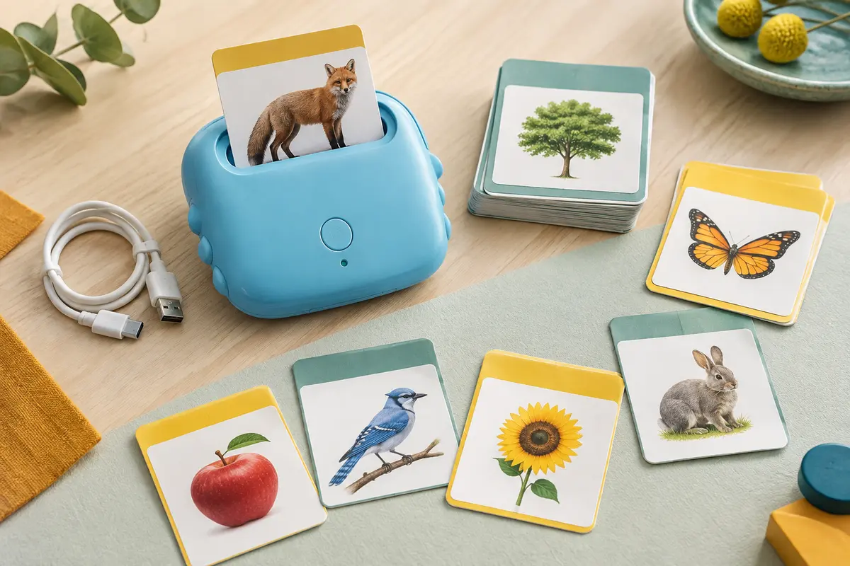 Lecteur de cartes éducatif bleu entouré de cartes illustrées et de son câble USB sur un fond clair