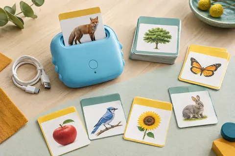Lecteur de cartes éducatif bleu entouré de cartes illustrées et de son câble USB sur un fond clair