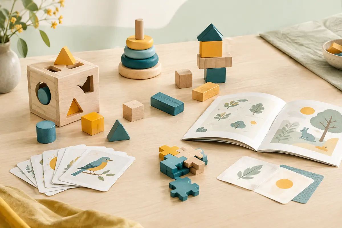 Scène de jeux éducatifs réunissant cartes, pièces de construction et livret pour explorer plusieurs apprentissages